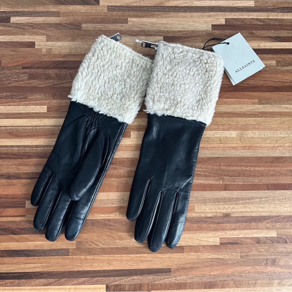 AllSaints Shearling Black Leather Gloves with Ecru Shearling cuff Zipper details